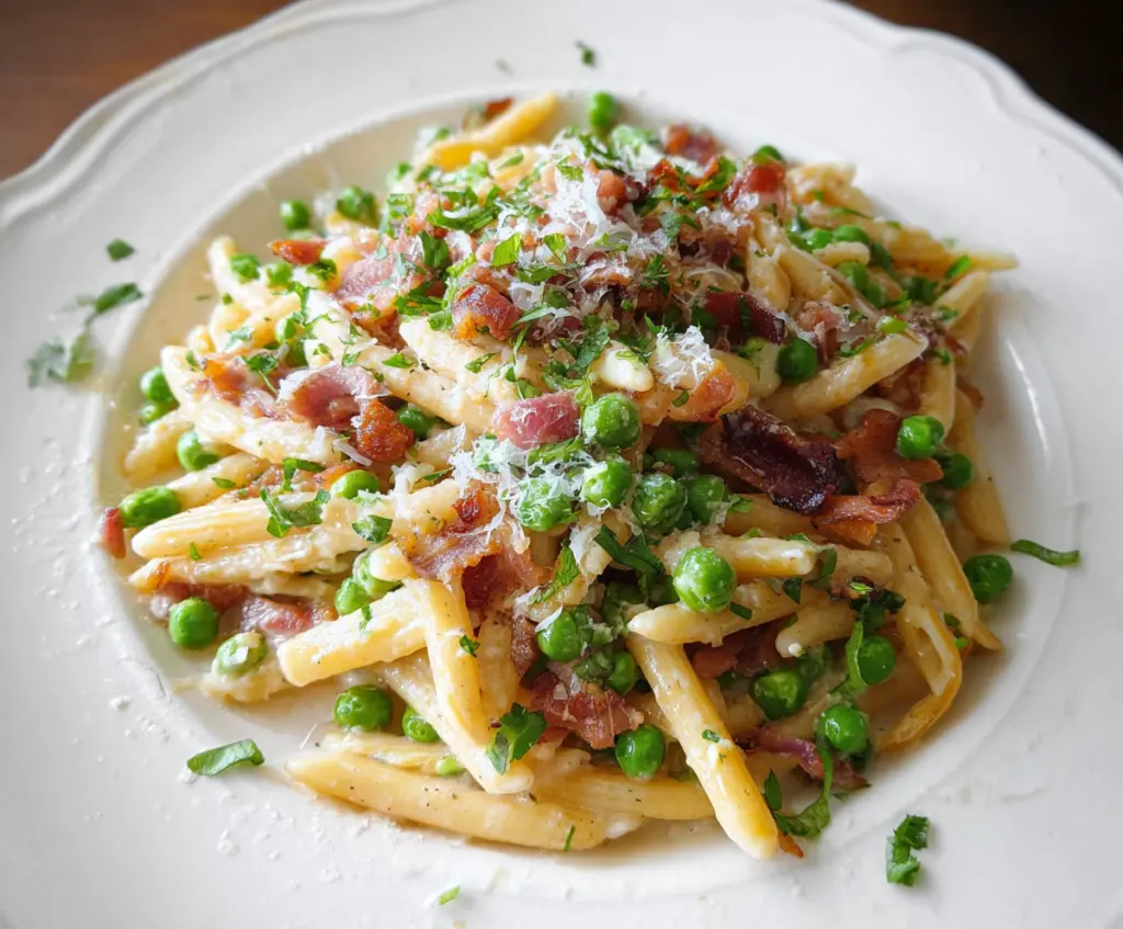 Creamy bacon and green pea pasta dish served in a bowl, perfect for a comforting meal.