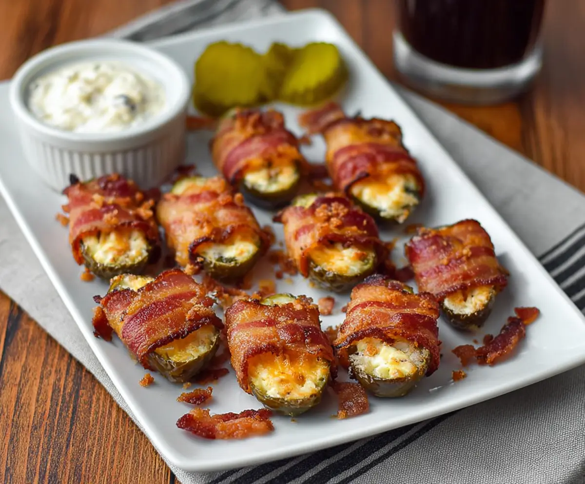Delicious Bacon Pickle Poppers with crispy bacon and tangy pickles for appetizer.