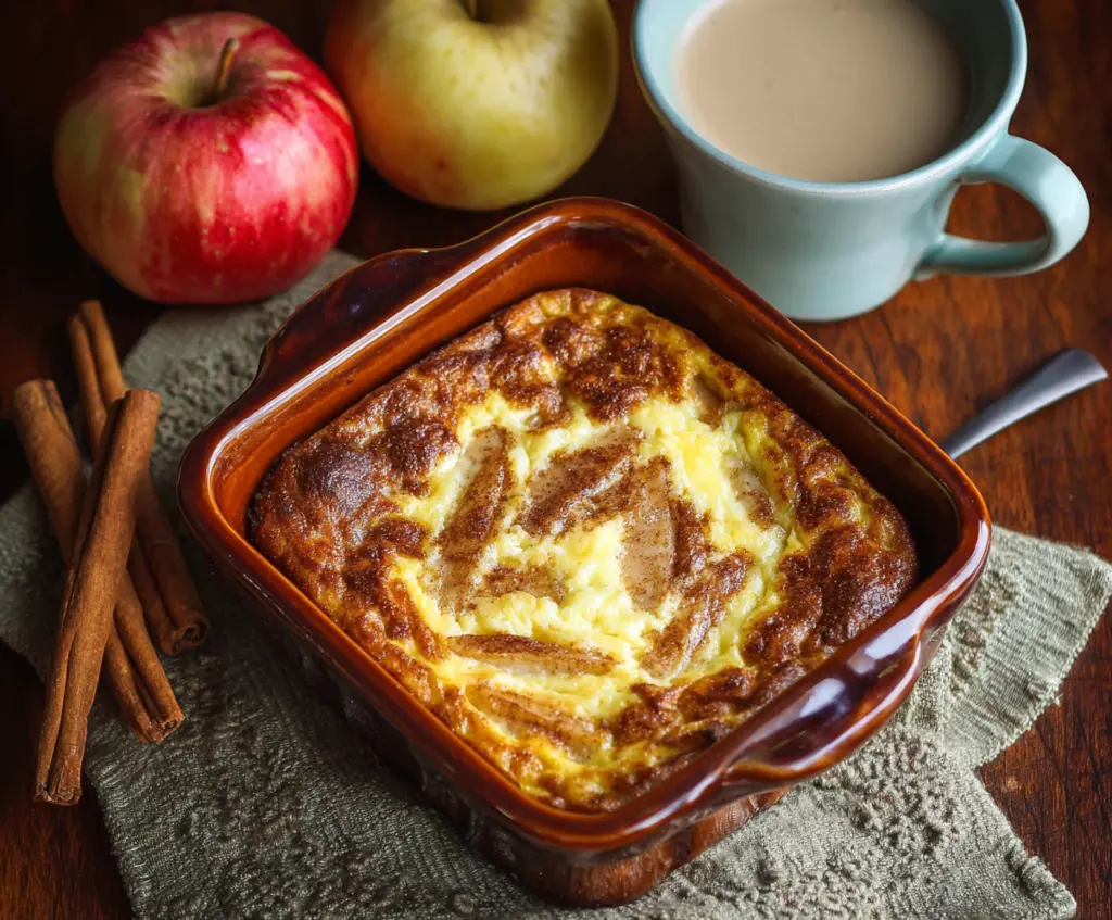 Delicious baked apple cinnamon cottage cheese breakfast served on a plate, garnished with fresh cinnamon and apple slices.