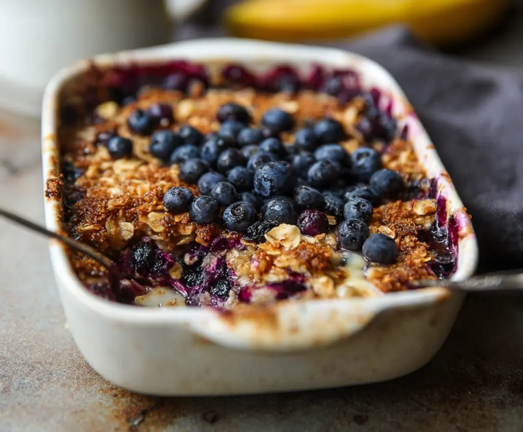 Delicious baked blueberry oatmeal in a baking dish, topped with fresh blueberries and a golden crust.