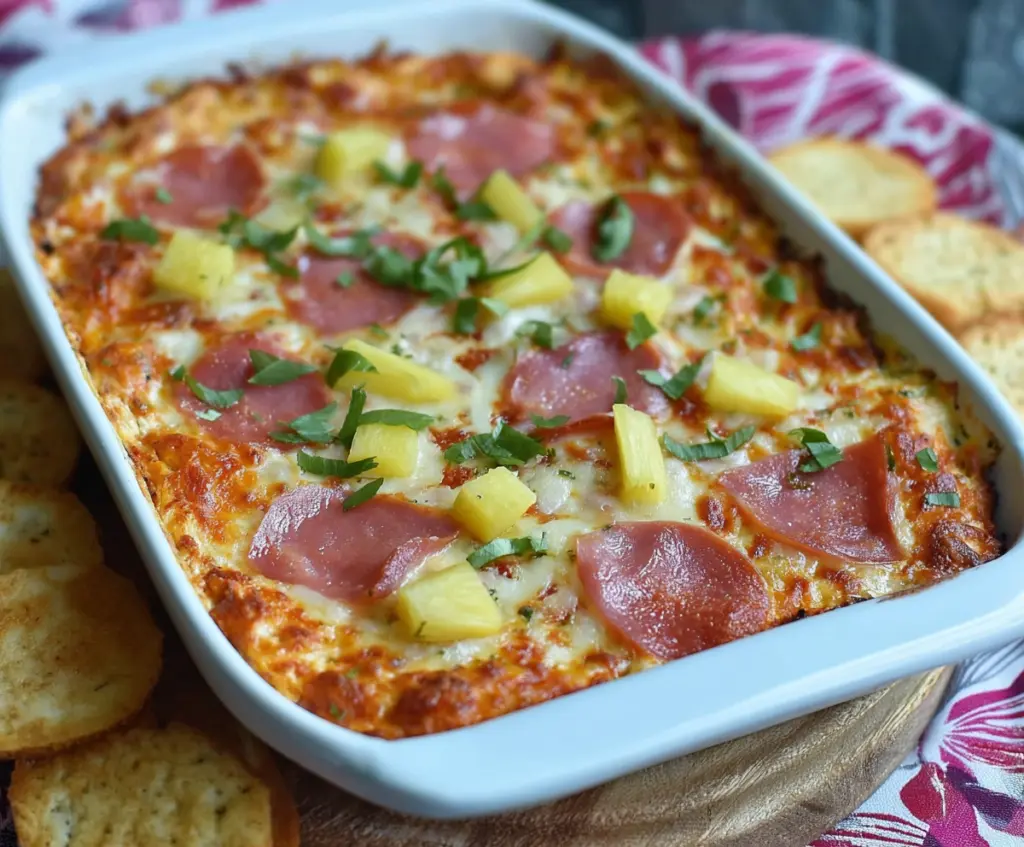 Delicious Baked Hawaiian Pizza Dip with melted cheese, ham, pineapple chunks, and a golden crust