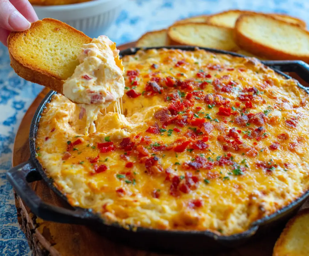 Delicious baked pimento cheese dip served in a rustic bowl with crackers for appetizer.