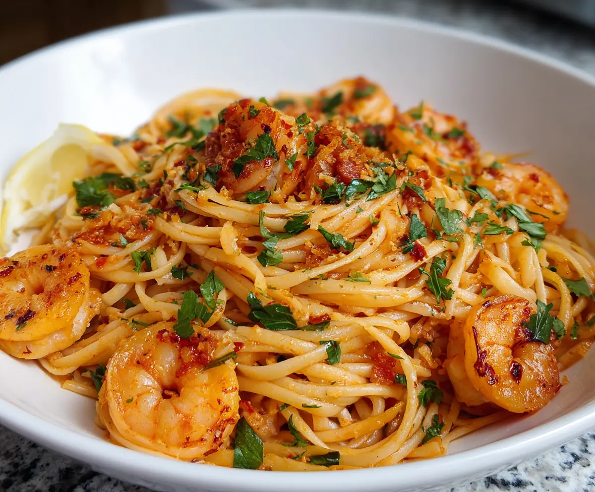 Creamy Bang Bang Shrimp Pasta garnished with fresh herbs, served on a white plate for a savory seafood meal.