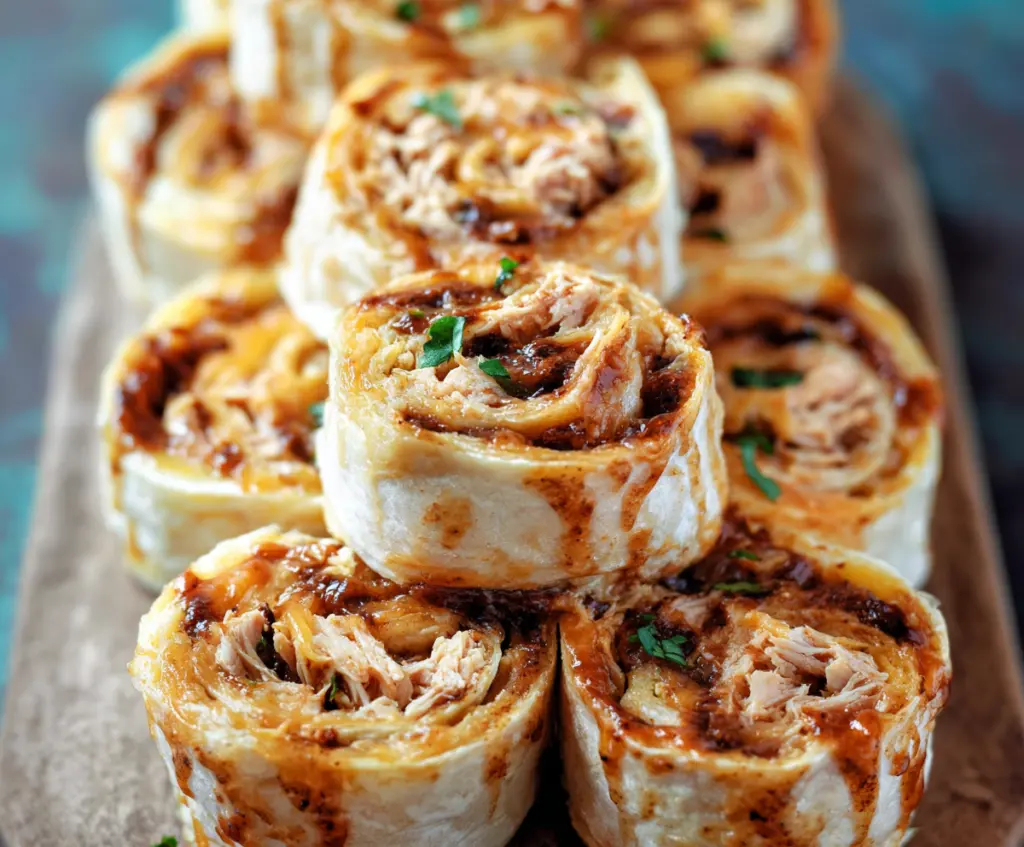 Delicious BBQ Chicken Cheddar Pinwheels on a platter, showcasing flaky pastry filled with savory chicken and melted cheddar cheese.