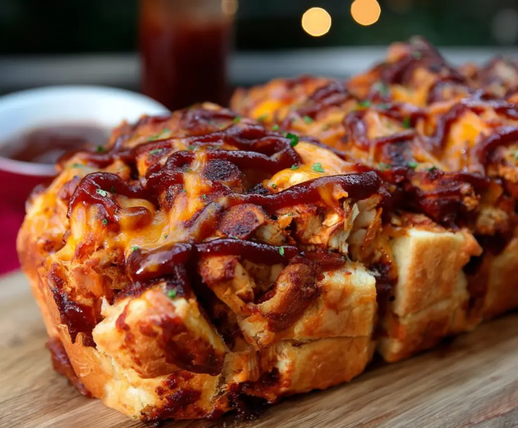Delicious BBQ Chicken Pull Apart Bread topped with melted cheese and barbecue sauce.