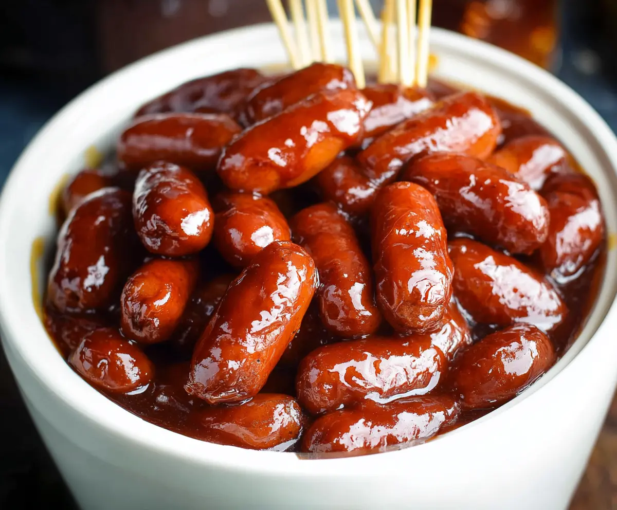 Delicious BBQ Little Smokies cooking in a crock pot, perfect for parties and gatherings.
