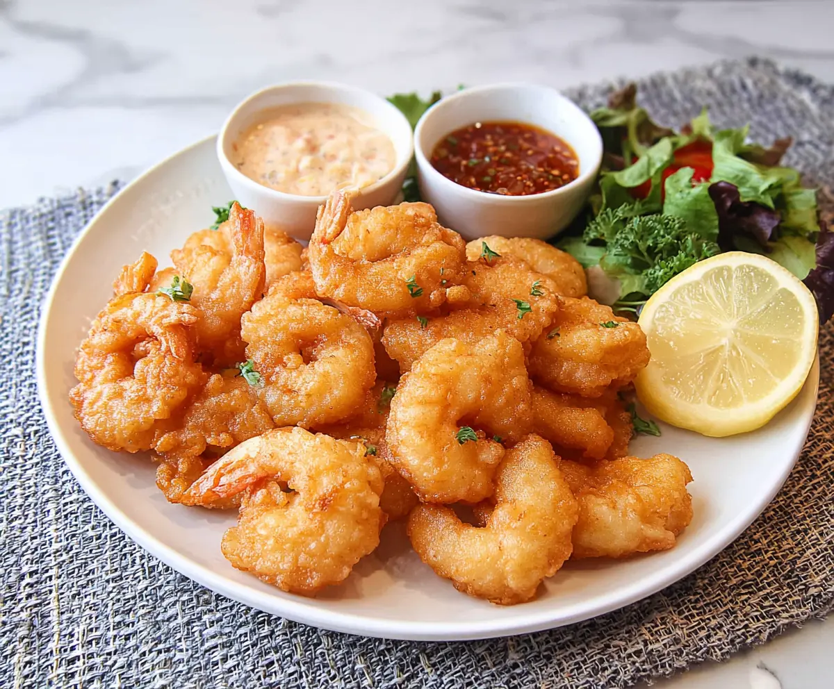 Crispy beer batter fried shrimp served with lemon wedges on a white plate
