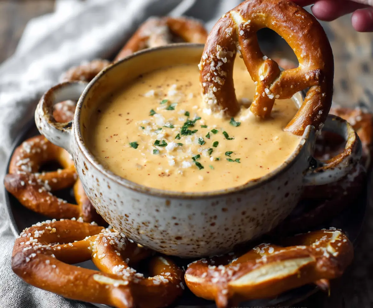 Creamy beer cheese dip served with crispy pretzels, perfect for snacking at parties