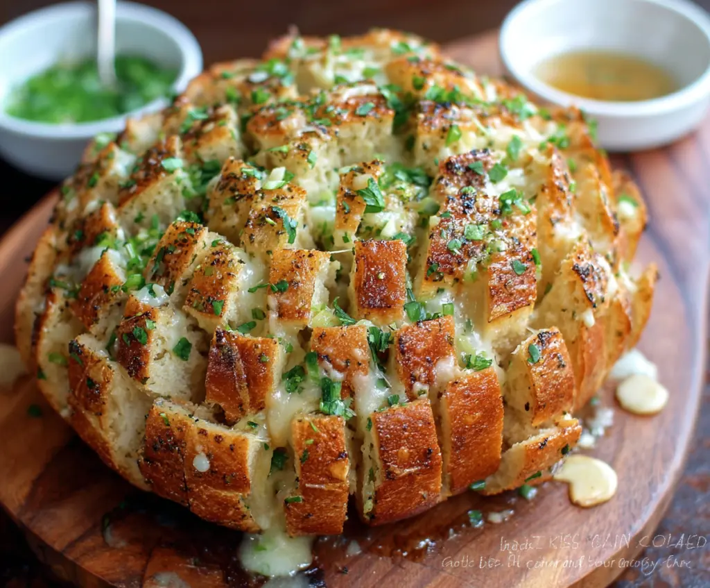 Delicious Bloomin Onion Garlic Bread served on a white plate with herbs