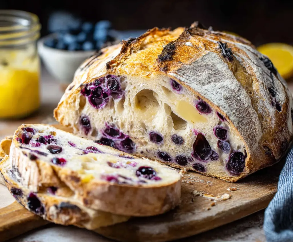 Freshly baked blueberry lemon sourdough bread with golden crust and vibrant berries on top.