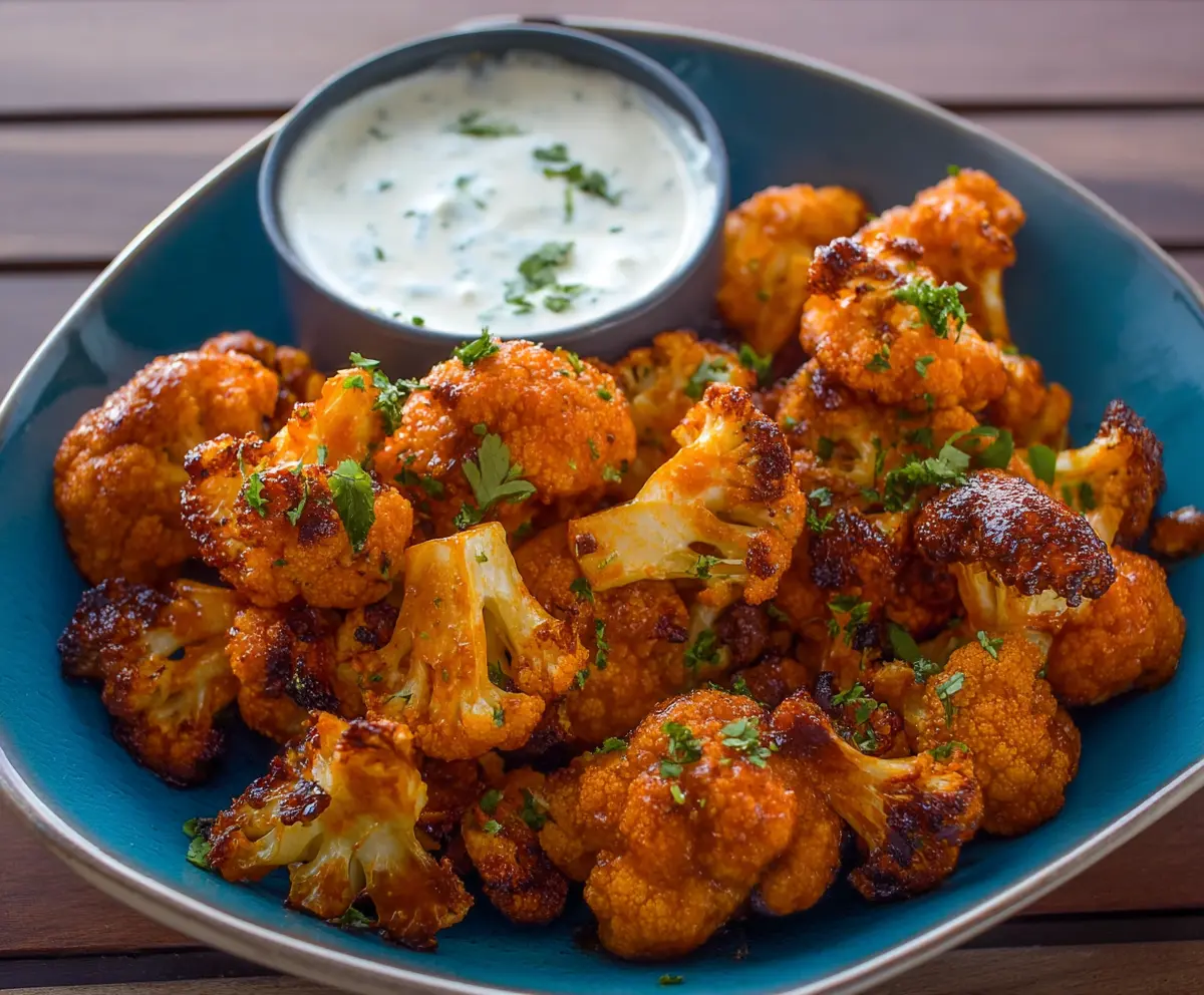 Crispy Buffalo Cauliflower Wings served with dipping sauce on a white plate.