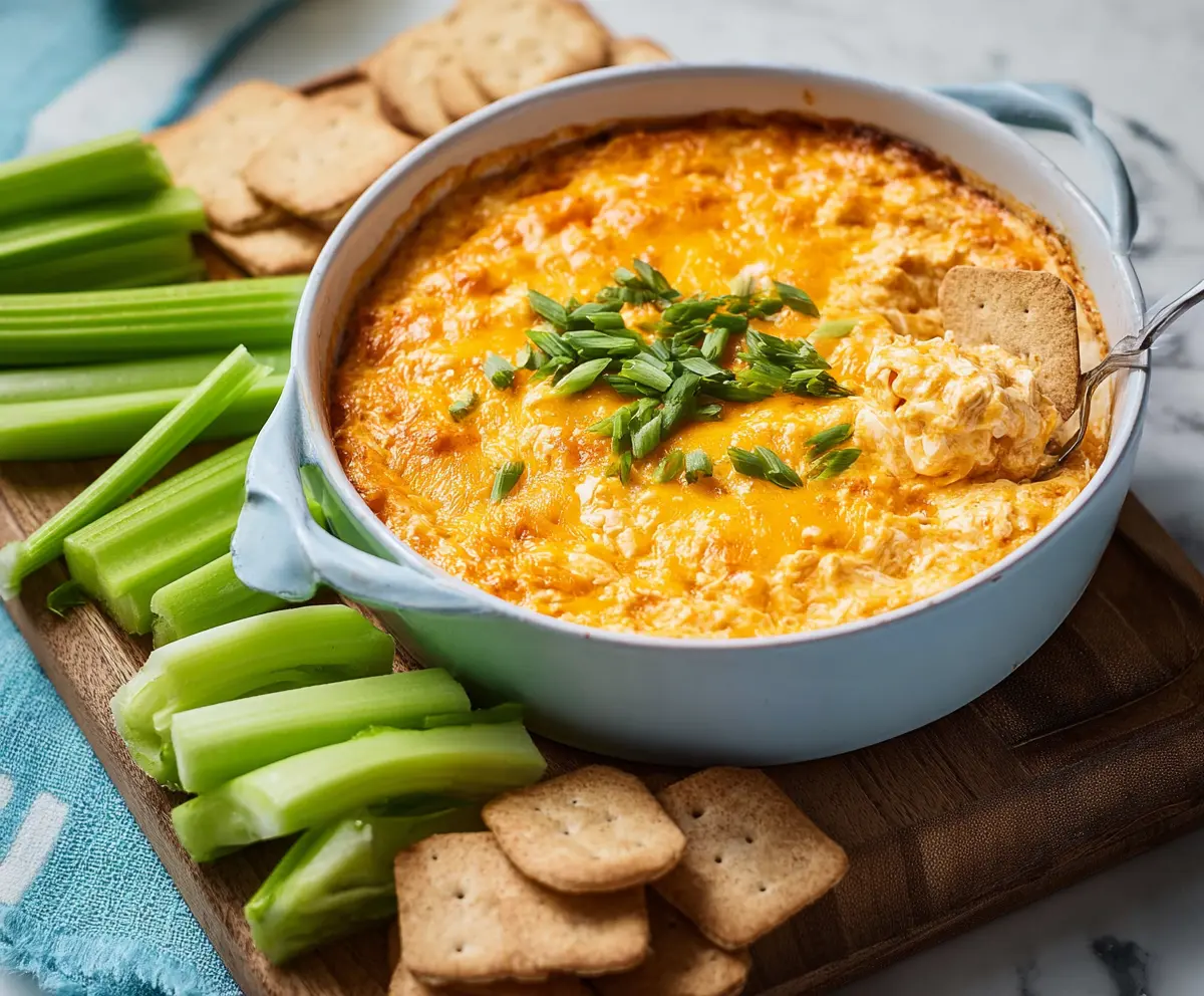 Cream cheese buffalo chicken dip served with crispy chips for a spicy appetizer.