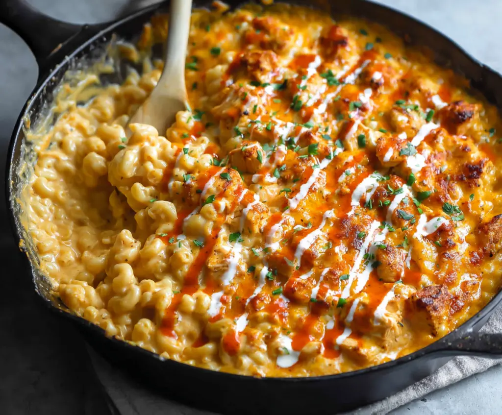 Creamy Buffalo Chicken Mac and Cheese with spicy sauce and melted cheese topping.
