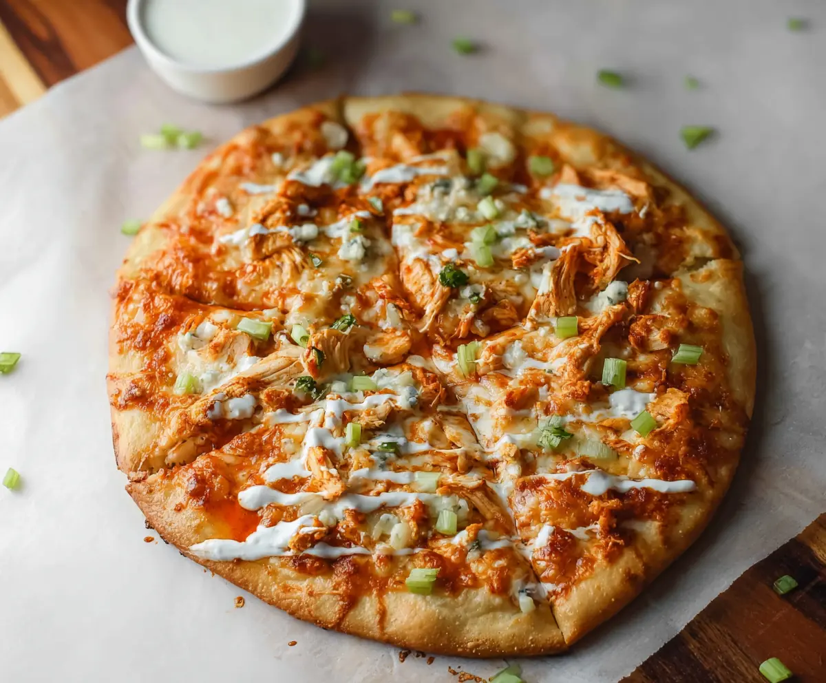 Delicious buffalo chicken pizza topped with spicy sauce, melted cheese, and crispy crust.