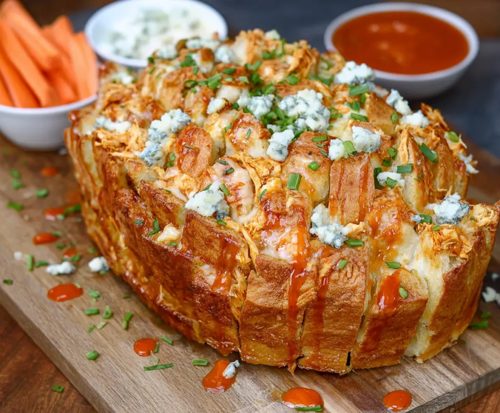 Delicious Buffalo Chicken Pull Apart Bread with melted cheese and spicy buffalo sauce on a cutting board.