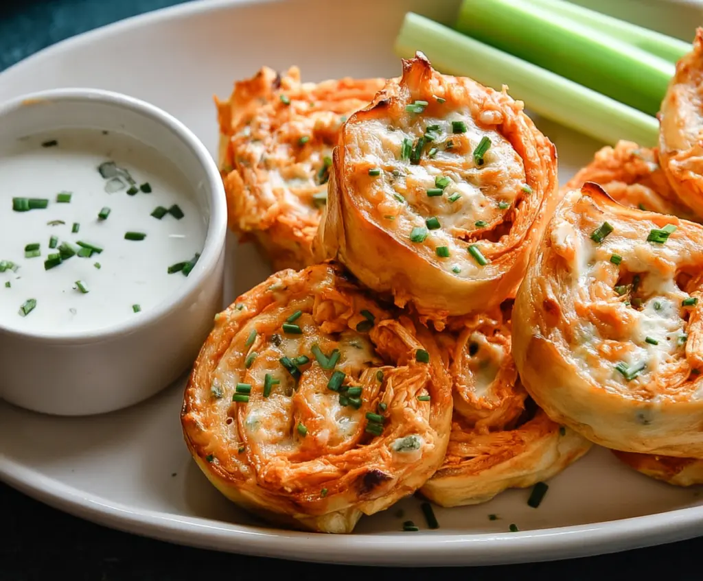 Buffalo Chicken Ranch Pinwheels on a serving platter, garnished with herbs, perfect for a party appetizer.