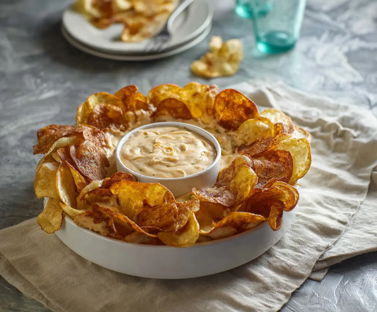Crispy buffalo chips served with spicy Louisiana hot dip for a flavorful appetizer.