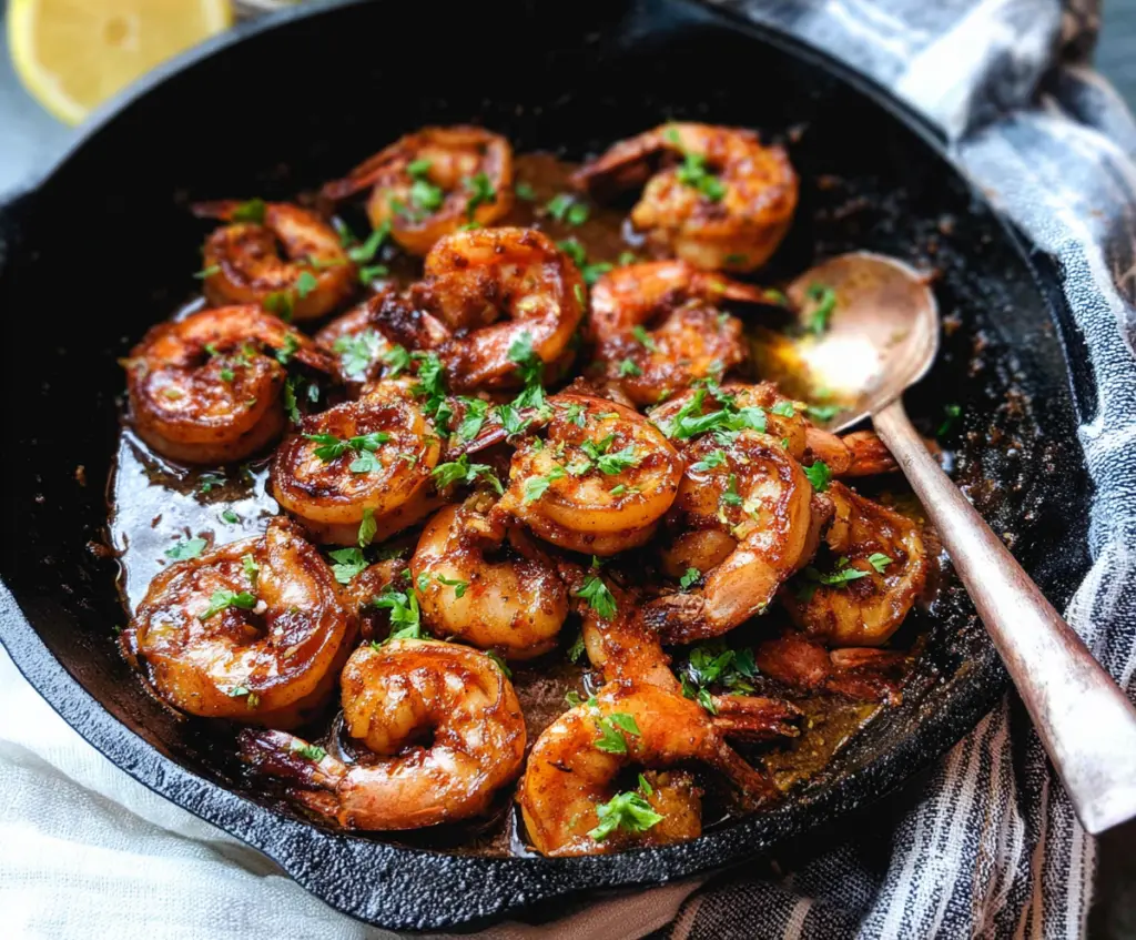 Delicious Cajun garlic butter shrimp served with fresh herbs on a white plate, perfect for seafood lovers.