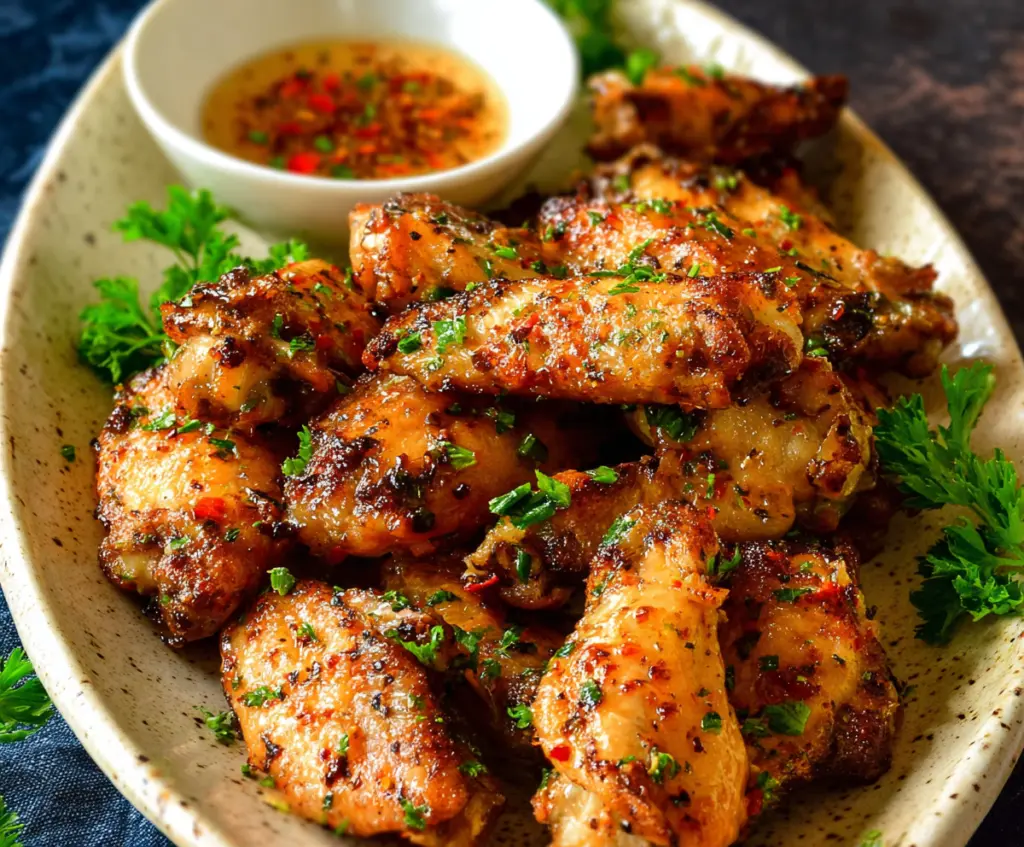 Delicious Cajun garlic chicken wings served on a plate, garnished with fresh herbs.