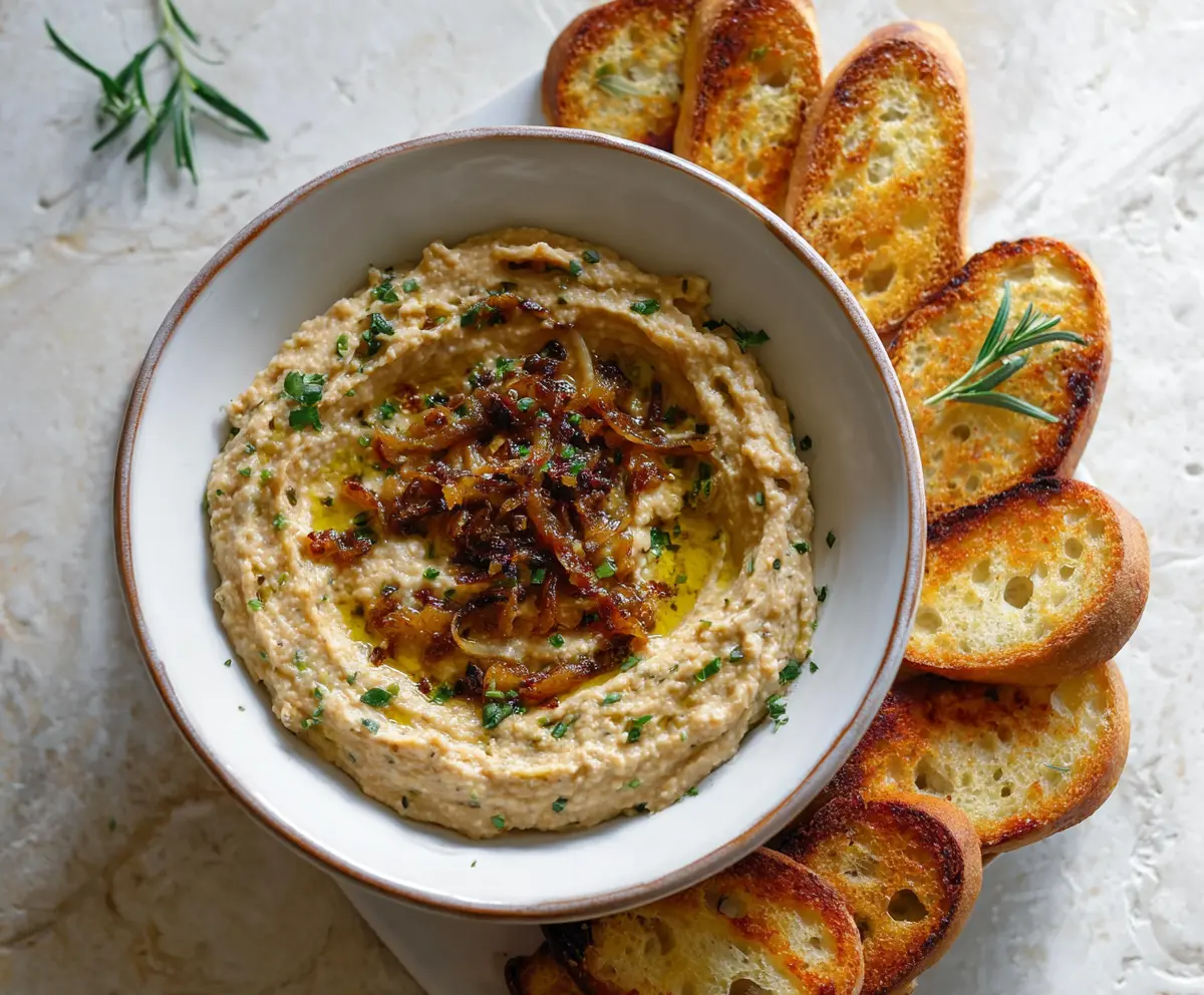 Creamy caramelized onion and white bean dip served with fresh vegetables and crusty bread.