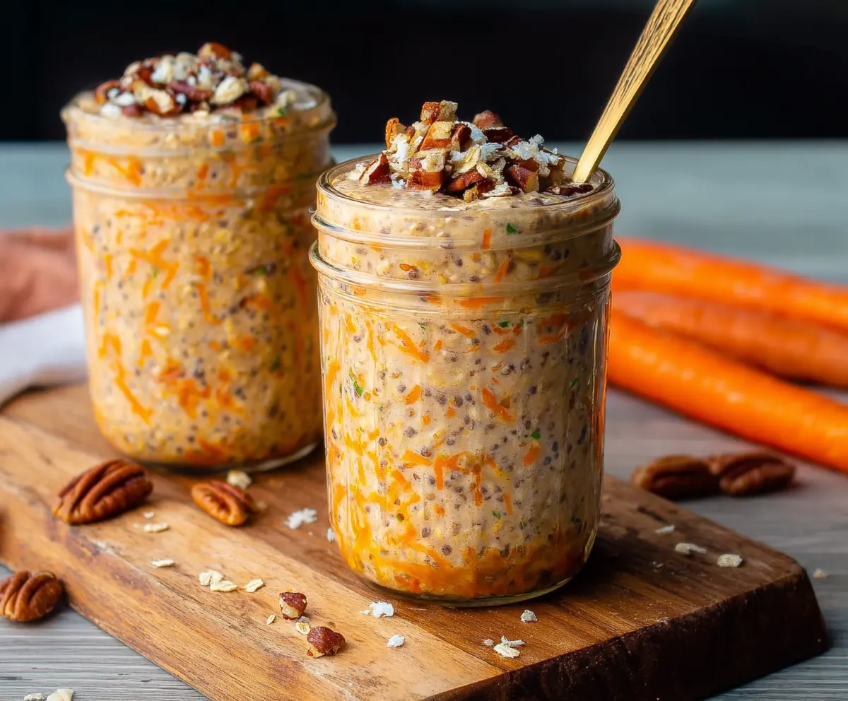 Healthy carrot cake overnight oats in a glass jar with shredded carrots and cream cheese topping