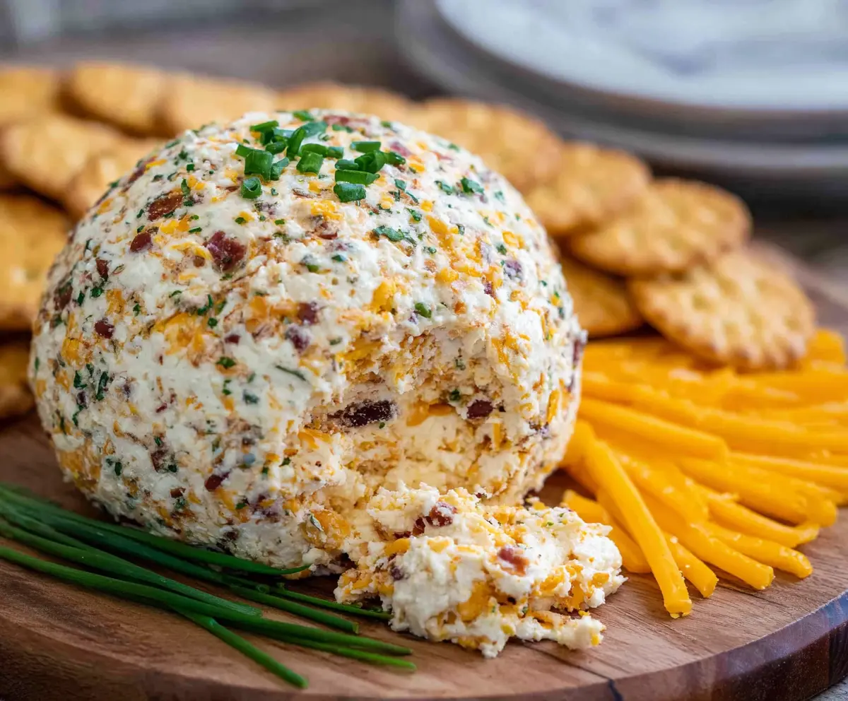 Creamy cheddar ranch cheeseball with herbs and crunchy crackers for a delicious appetizer.