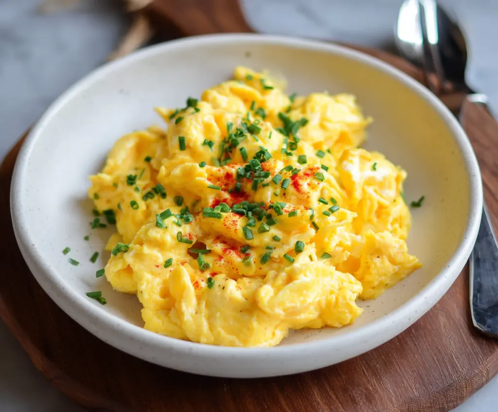 Delicious cheesy scrambled eggs served on a plate, perfect for breakfast or brunch.