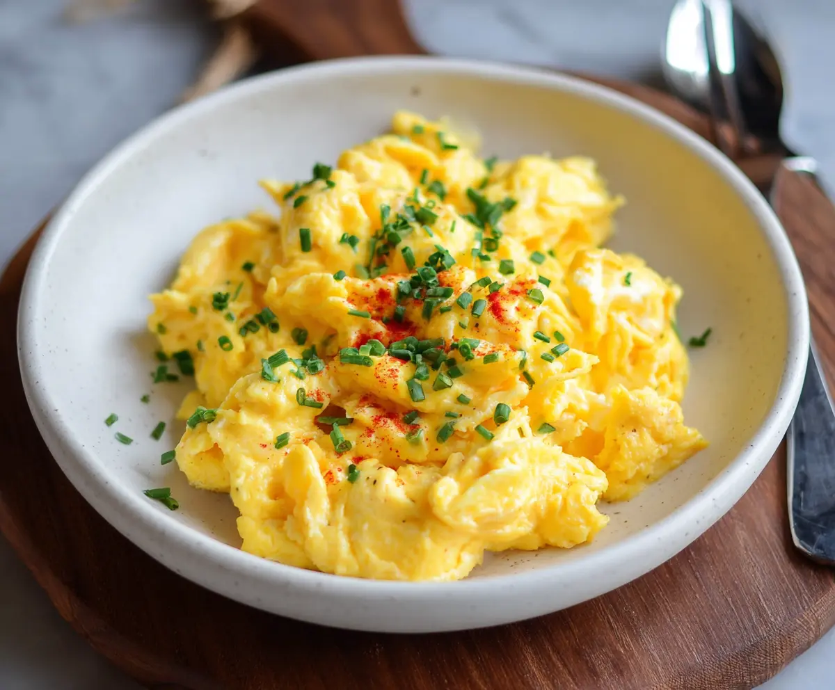 Delicious cheesy scrambled eggs served on a plate, perfect for breakfast or brunch.