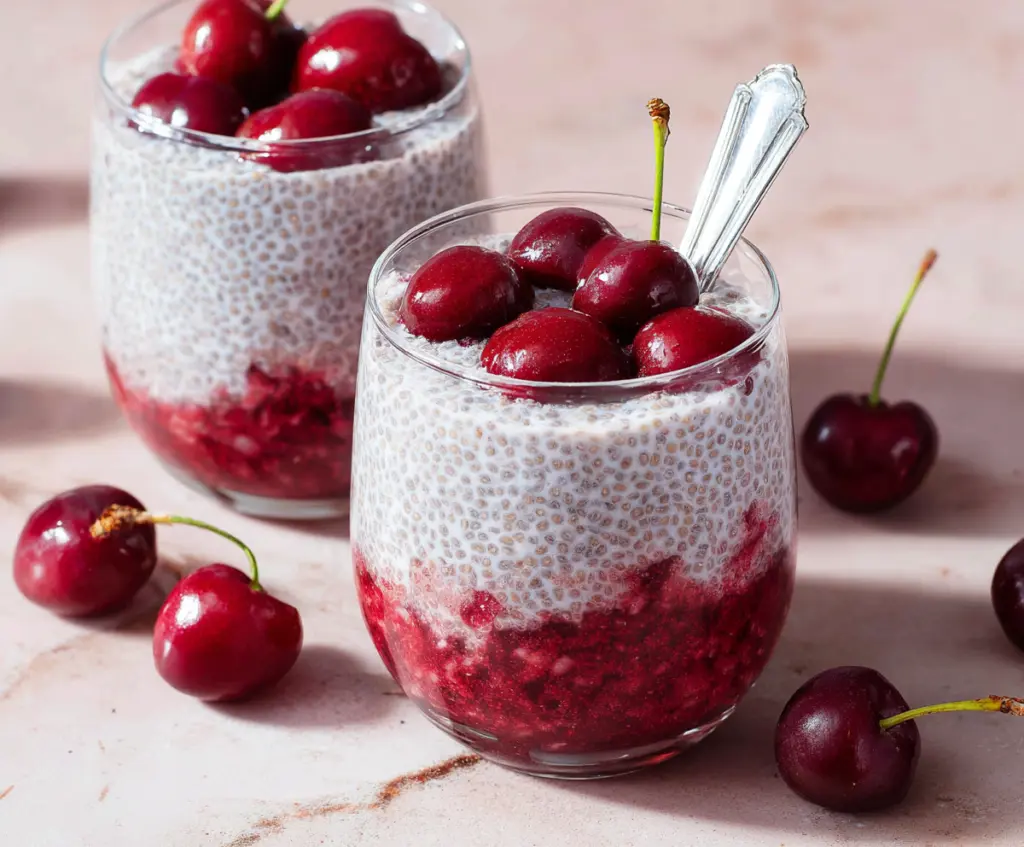 Delicious Cherry Chia Pudding in a glass bowl topped with fresh cherries and mint