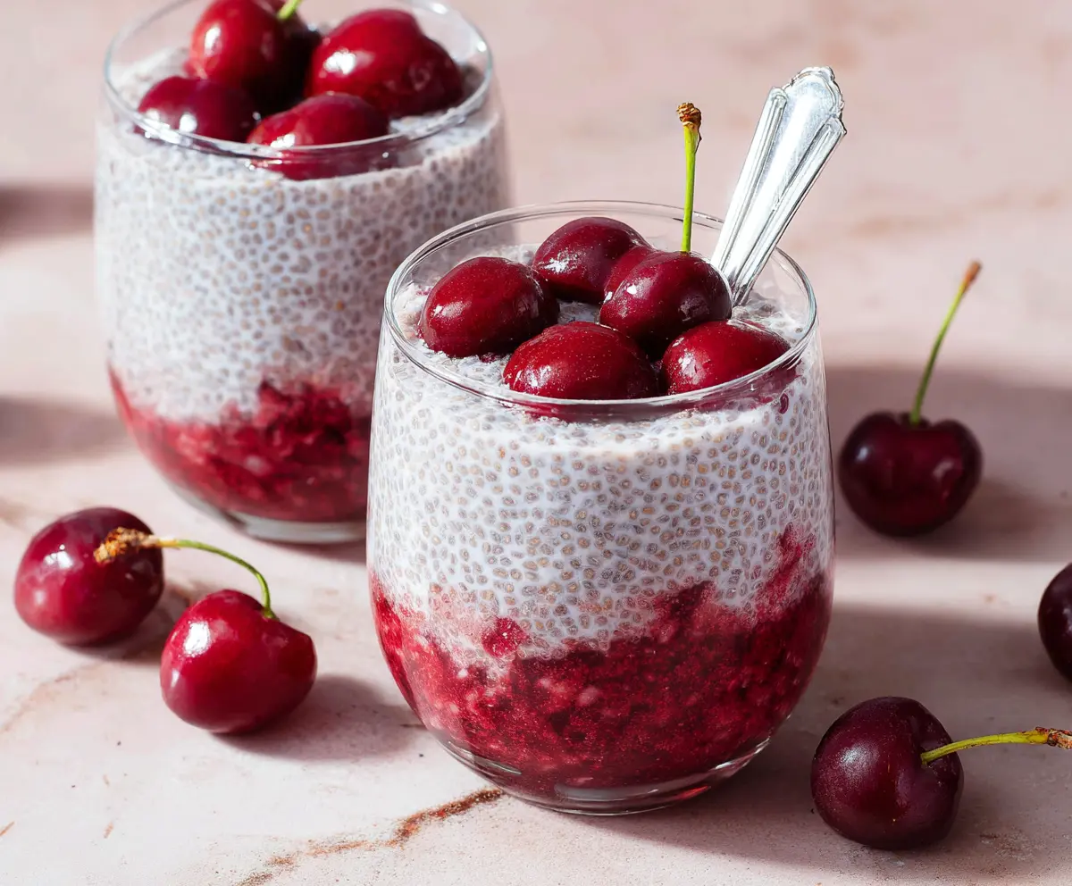 Delicious Cherry Chia Pudding in a glass bowl topped with fresh cherries and mint