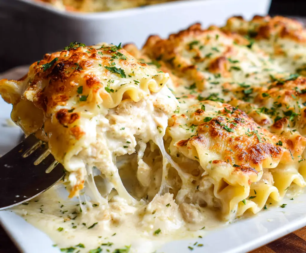 Delicious Chicken Alfredo Lasagna Rolls with creamy sauce and melted cheese