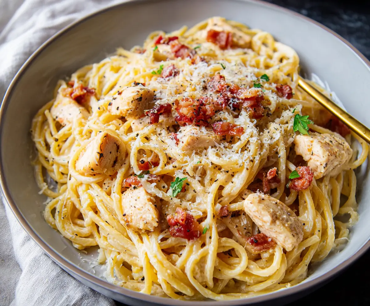 Delicious chicken carbonara pasta served in a white ceramic bowl with grated cheese and fresh herbs.