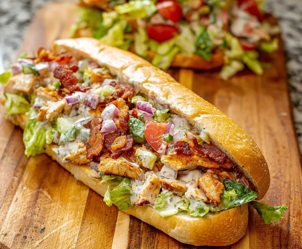 Delicious chopped chicken bacon ranch sandwich with fresh ingredients and crispy bacon