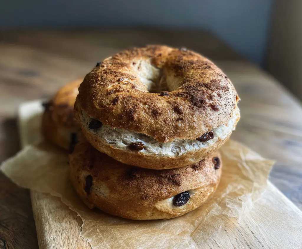 Homemade cinnamon raisin sourdough bagels on a wooden board, showcasing their golden-brown crust and chewy texture.