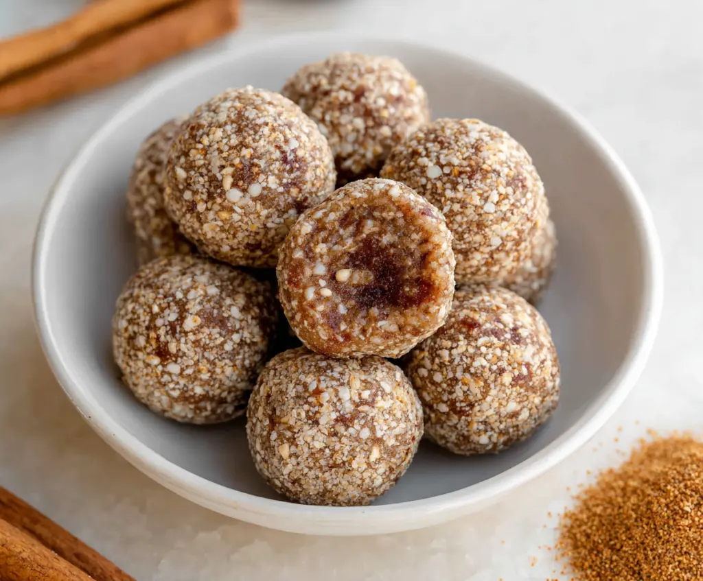 Delicious cinnamon roll energy bites topped with a drizzle of icing, perfect for a healthy snack.