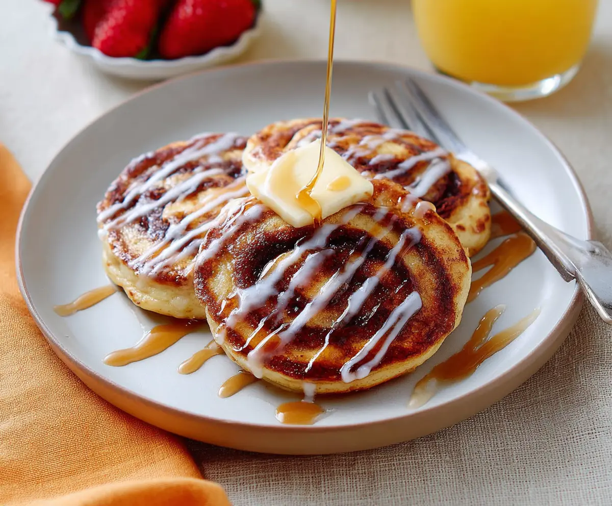Delicious cinnamon swirl pancakes stacked on a plate with syrup and berries, perfect for breakfast.