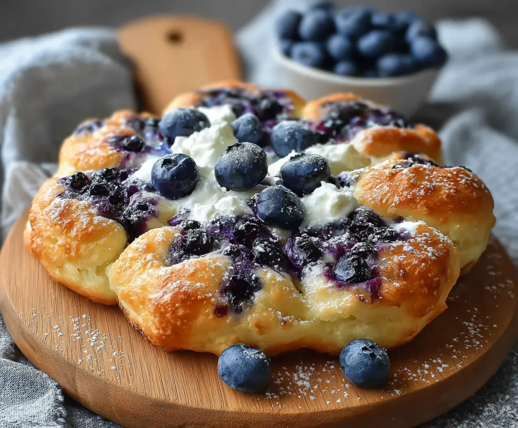 Delicious cottage cheese blueberry cloud bread on a plate, featuring fluffy, airy texture with fresh blueberries.