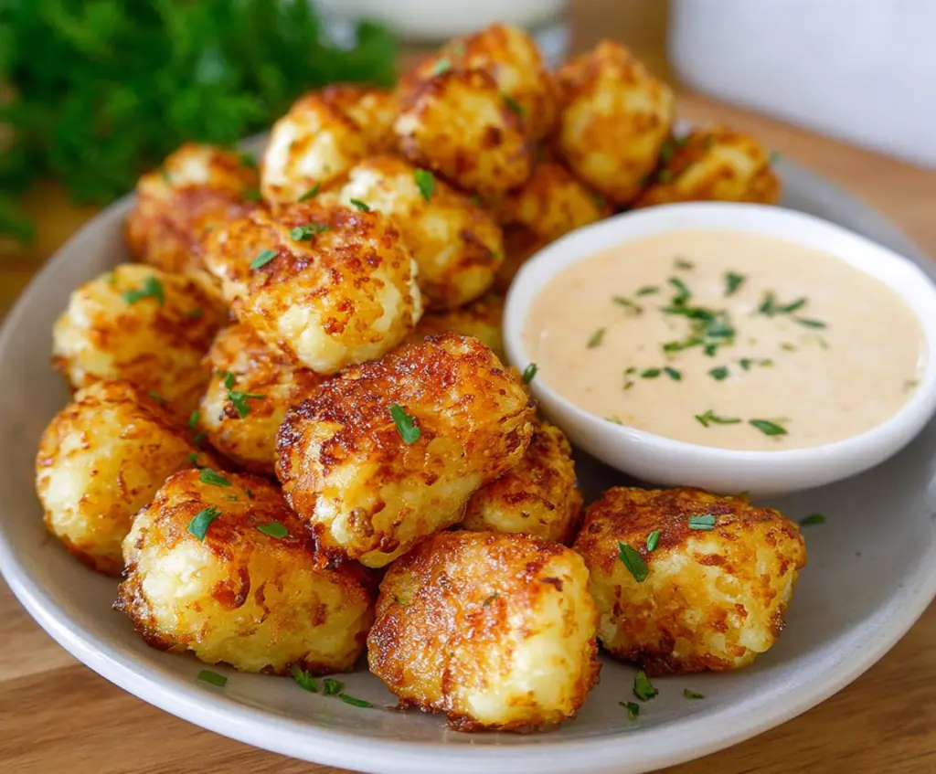 Plate of crispy Cottage Cheese Cauliflower Tots with fresh herbs, perfect for a healthy snack or side dish