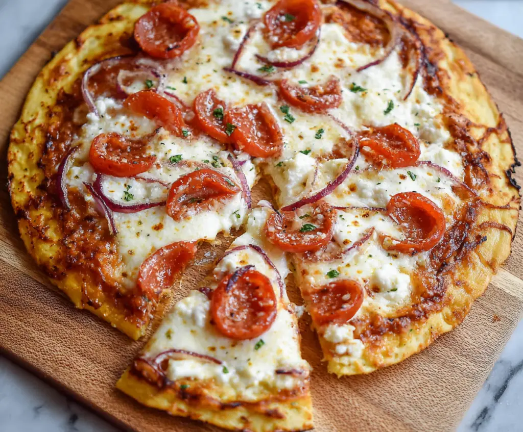 Homemade cottage cheese flatbread pizza with fresh toppings and melted cheese
