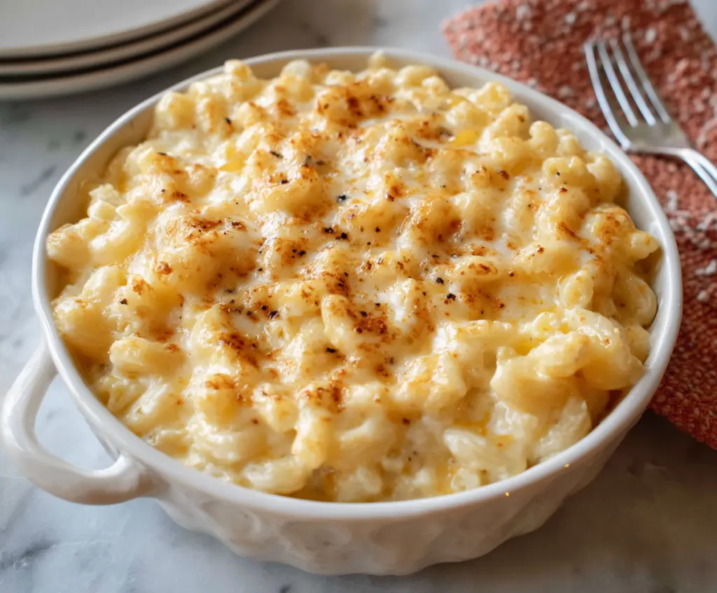 Creamy cottage cheese mac and cheese served in a rustic bowl, garnished with herbs.