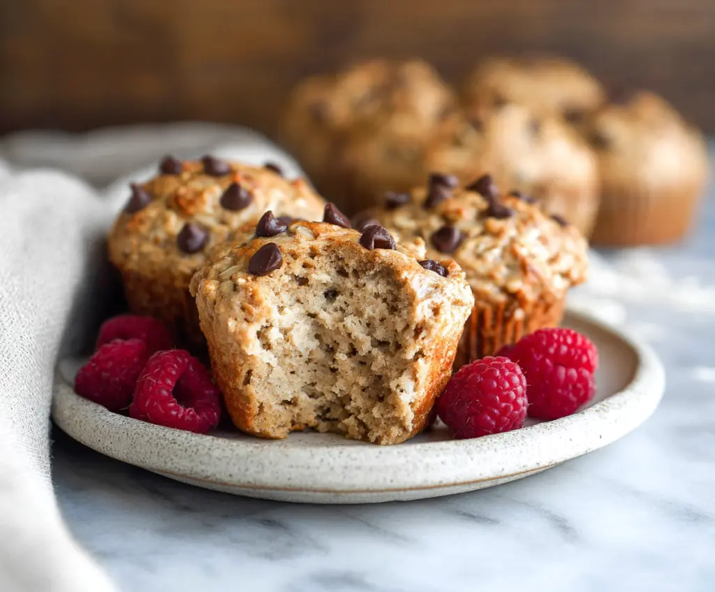 Healthy cottage cheese oatmeal blender muffins topped with fresh berries and nuts.