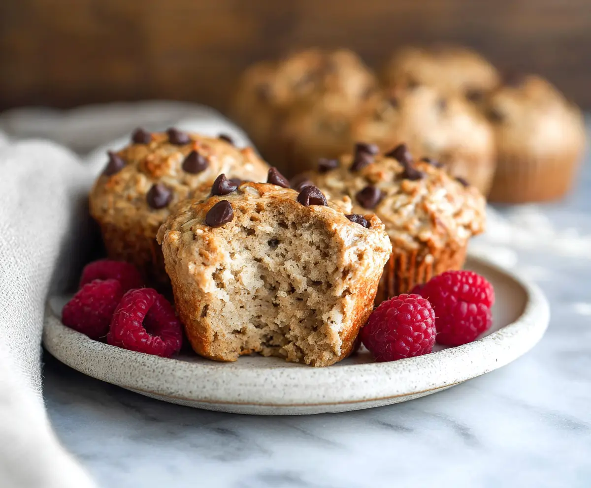 Healthy cottage cheese oatmeal blender muffins topped with fresh berries and nuts.