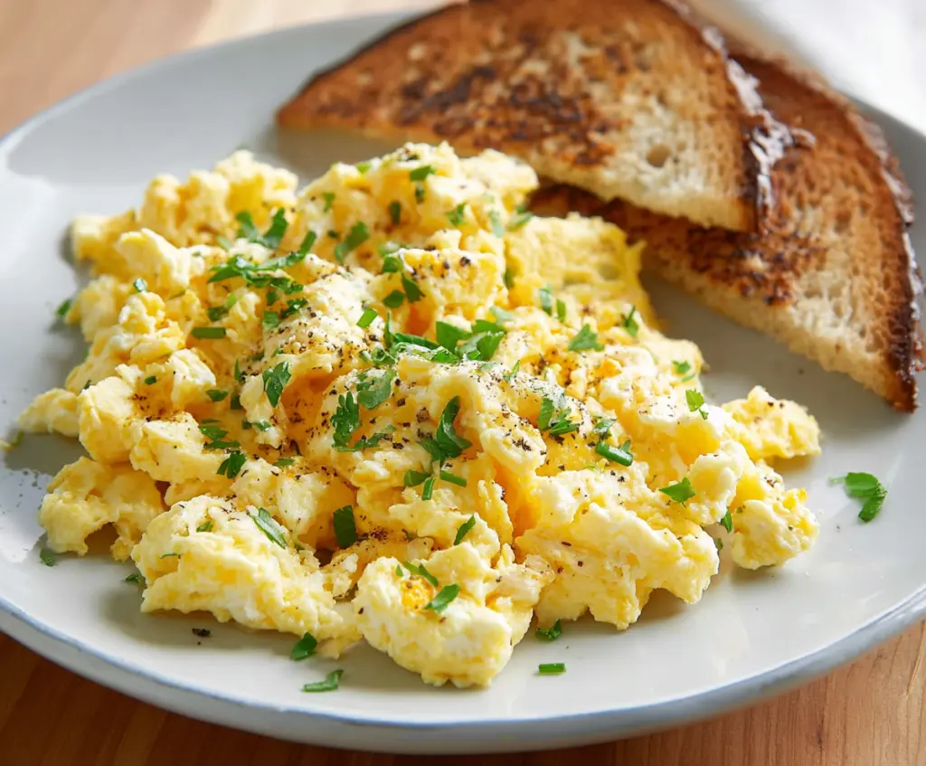 Delicious cottage cheese scrambled eggs served with fresh herbs on a white plate.