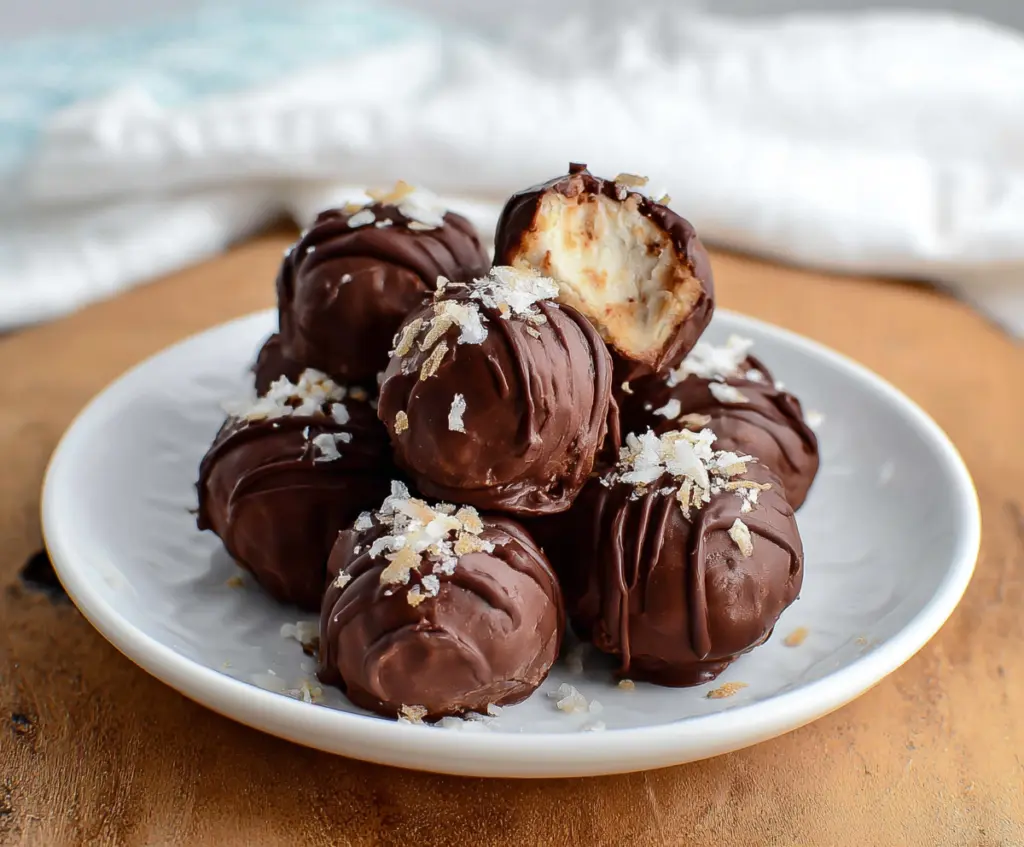 Delicious Cottage Cheese Truffles with a creamy texture and chocolate coating, perfect as a healthy snack or dessert.