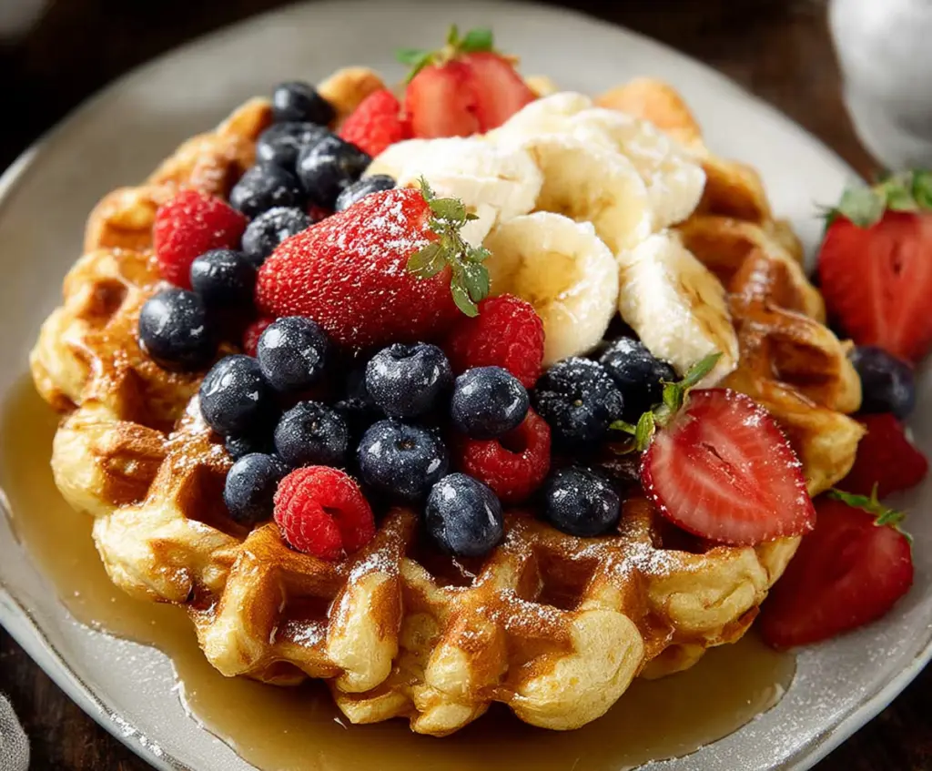 Delicious homemade cottage cheese waffles served with fresh fruit and syrup.