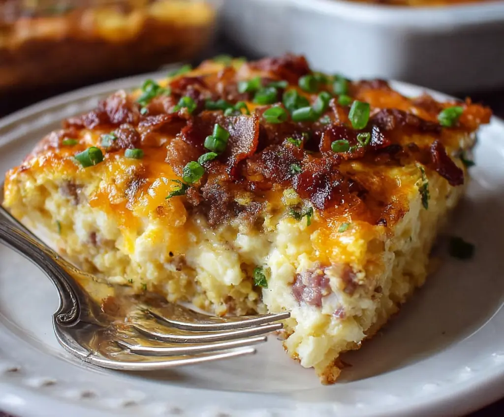 Delicious crack breakfast casserole with eggs, cheese, and sausage, served in a baking dish.