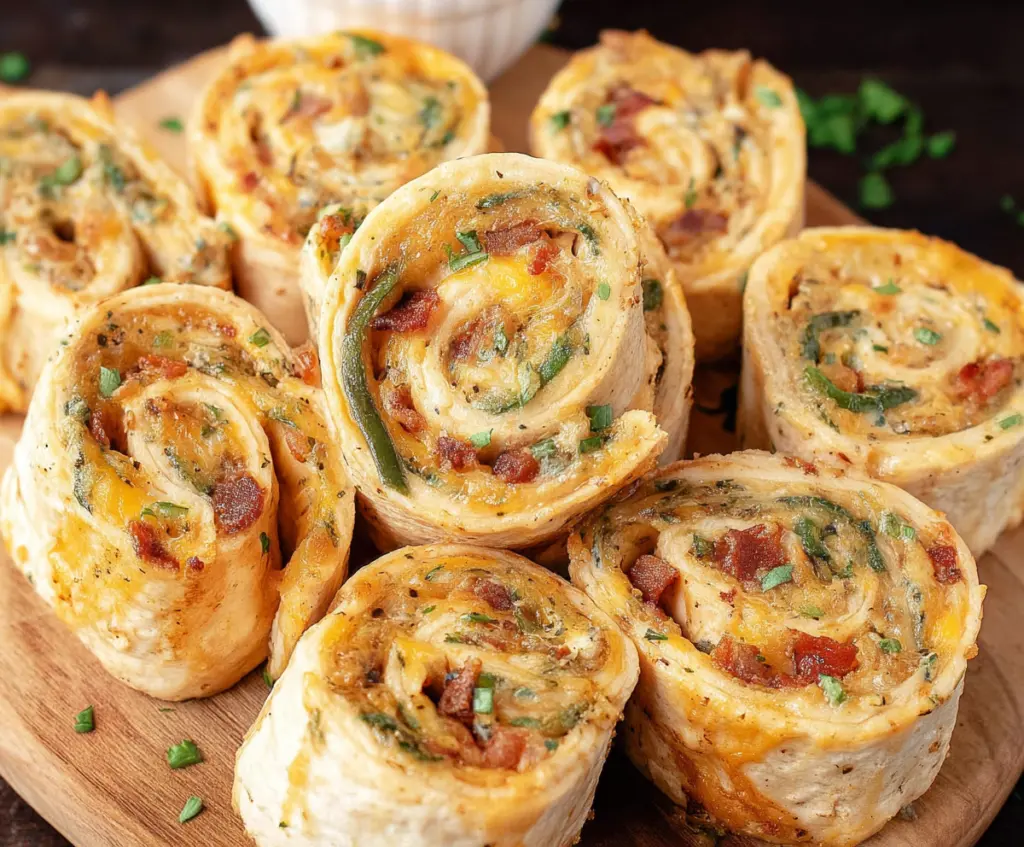 Delicious Crack Chicken Pinwheels fresh out of the oven garnished with herbs