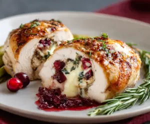 Juicy baked chicken breast stuffed with creamy brie cheese and fresh cranberries, garnished with herbs.
