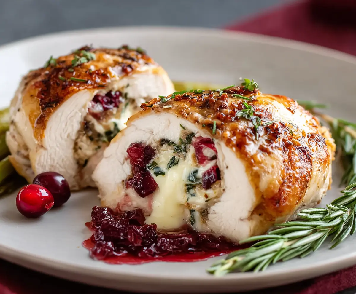 Juicy baked chicken breast stuffed with creamy brie cheese and fresh cranberries, garnished with herbs.