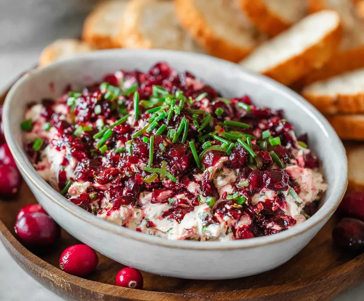 Creamy cranberry jalapeno cream cheese dip with fresh herbs and a vibrant red color, perfect for parties.